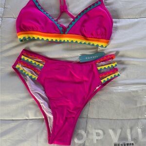 Popvil Pink Bikini Set with Colorful Trim